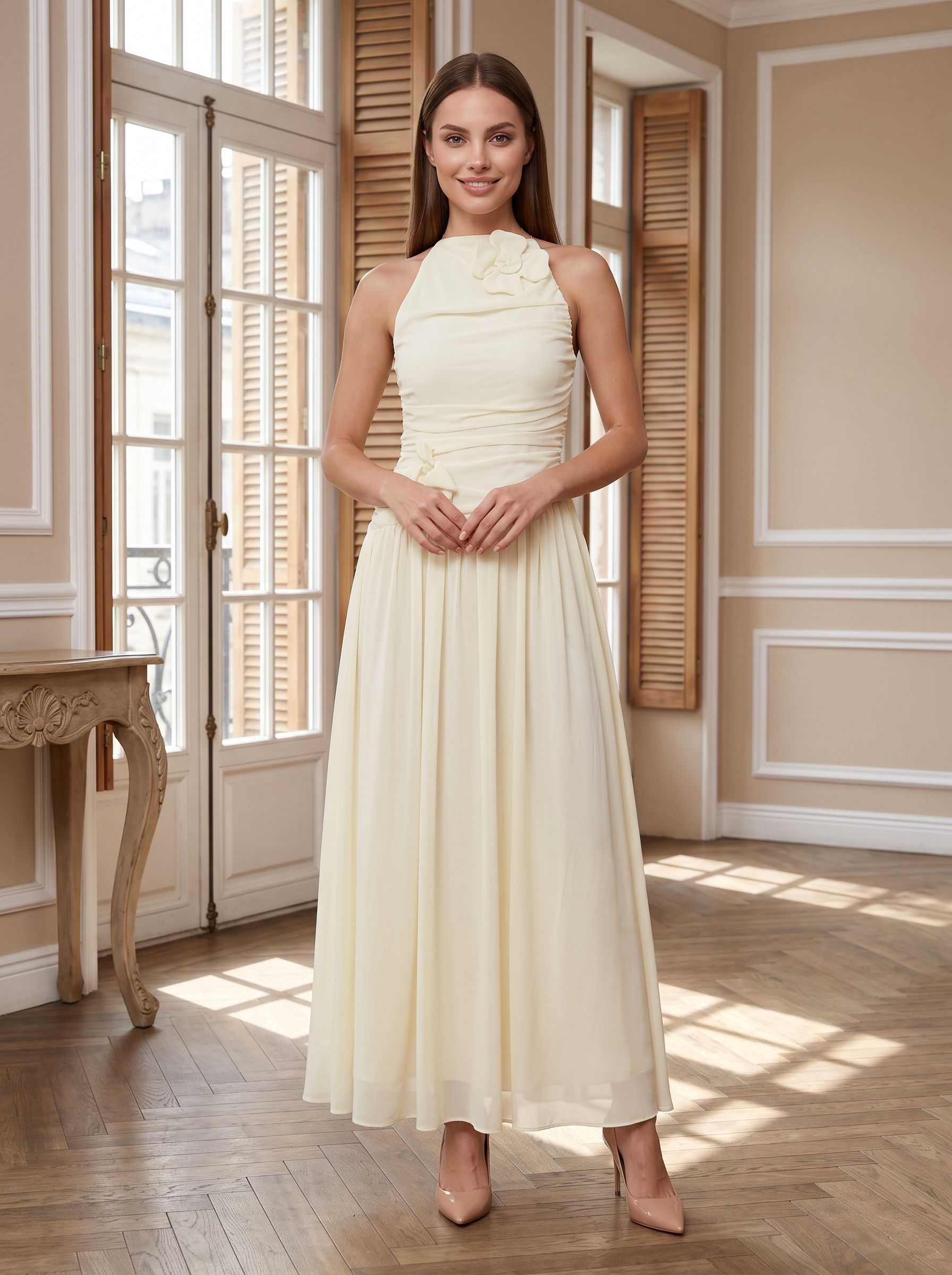 Ivory Chiffon A-Line Halter neckline Backless Floor-Length Dress with Ruched Bodice - Curvevia