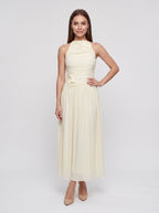 Ivory Chiffon A-Line Halter neckline Backless Floor-Length Dress with Ruched Bodice - Curvevia