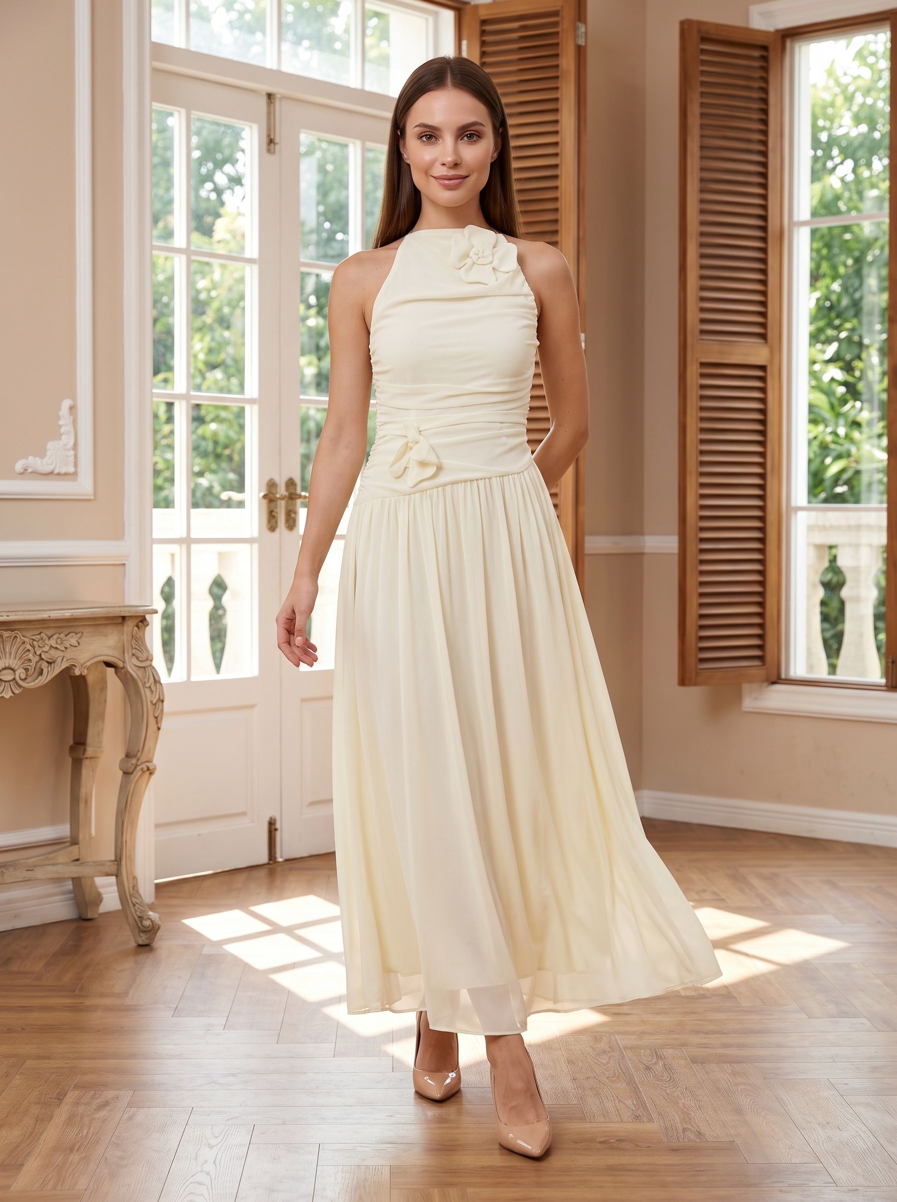 Ivory Chiffon A-Line Halter neckline Backless Floor-Length Dress with Ruched Bodice - Curvevia