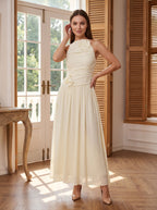 Ivory Chiffon A-Line Halter neckline Backless Floor-Length Dress with Ruched Bodice - Curvevia