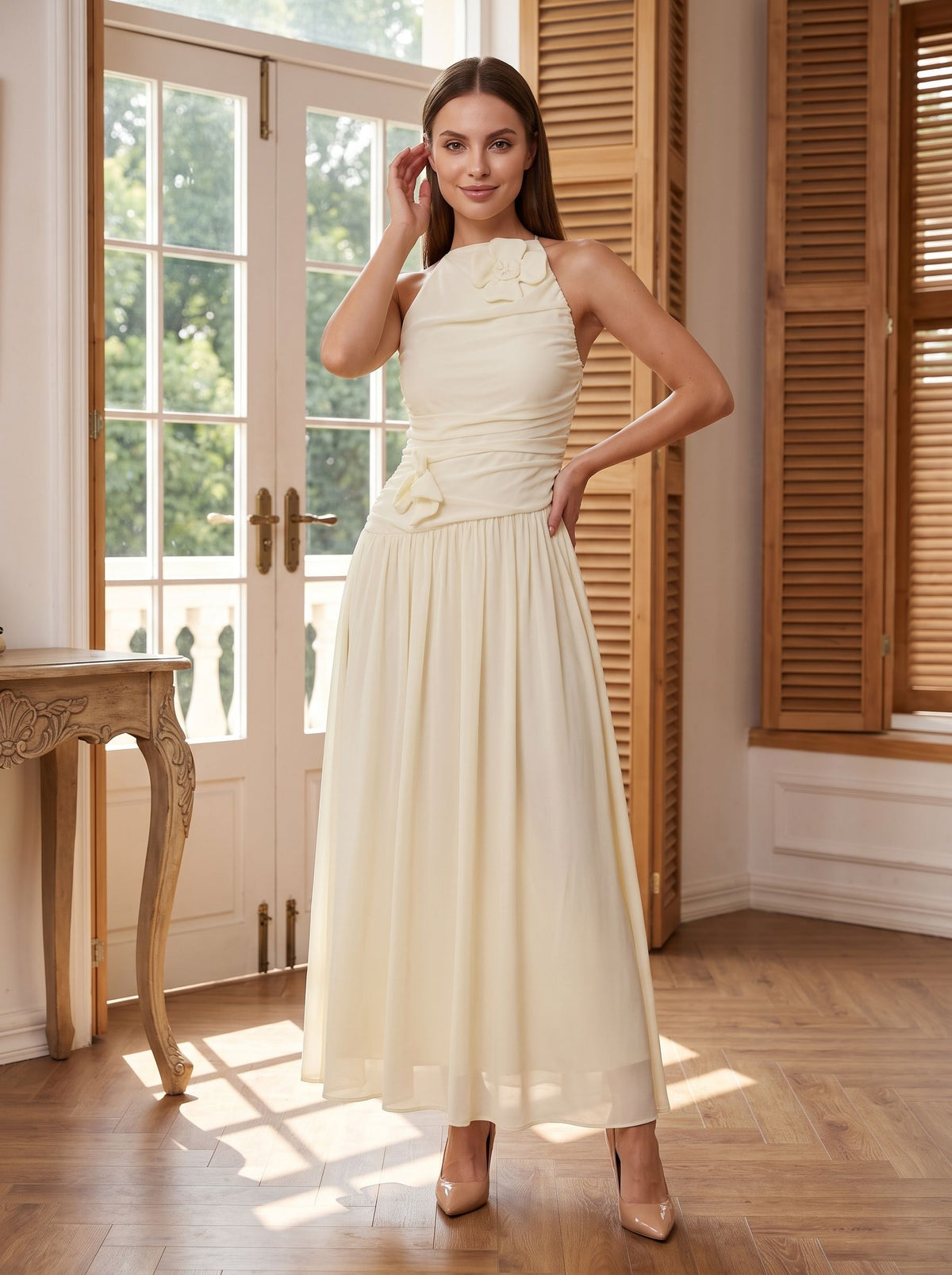 Ivory Chiffon A-Line Halter neckline Backless Floor-Length Dress with Ruched Bodice - Curvevia