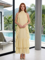 Butter Chiffon A-Line Halter neckline Back Zip Floor-Length Dress with Layered ruffle hem - Curvevia