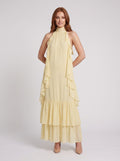 Butter Chiffon A-Line Halter neckline Back Zip Floor-Length Dress with Layered ruffle hem - Curvevia
