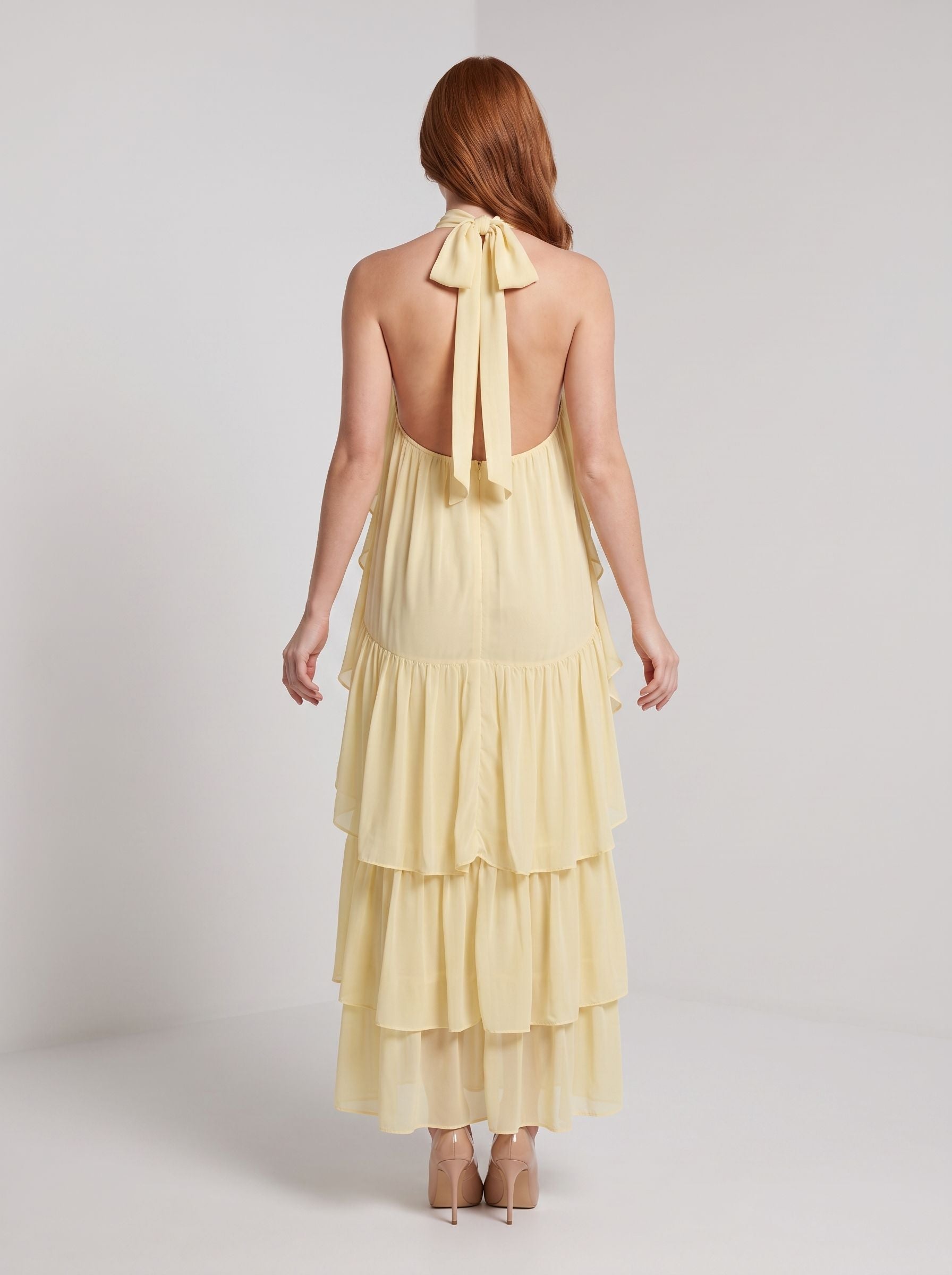 Butter Chiffon A-Line Halter neckline Back Zip Floor-Length Dress with Layered ruffle hem - Curvevia
