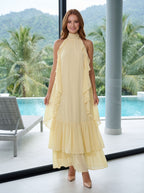 Butter Chiffon A-Line Halter neckline Back Zip Floor-Length Dress with Layered ruffle hem - Curvevia