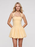 Butter Yellow Satin A-Line Halter neckline Lace-up Short Dress with Bubble Hem - Curvevia