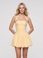 Butter Yellow Satin A-Line Halter neckline Lace-up Short Dress with Bubble Hem - Curvevia