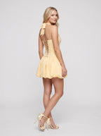 Butter Yellow Satin A-Line Halter neckline Lace-up Short Dress with Bubble Hem - Curvevia