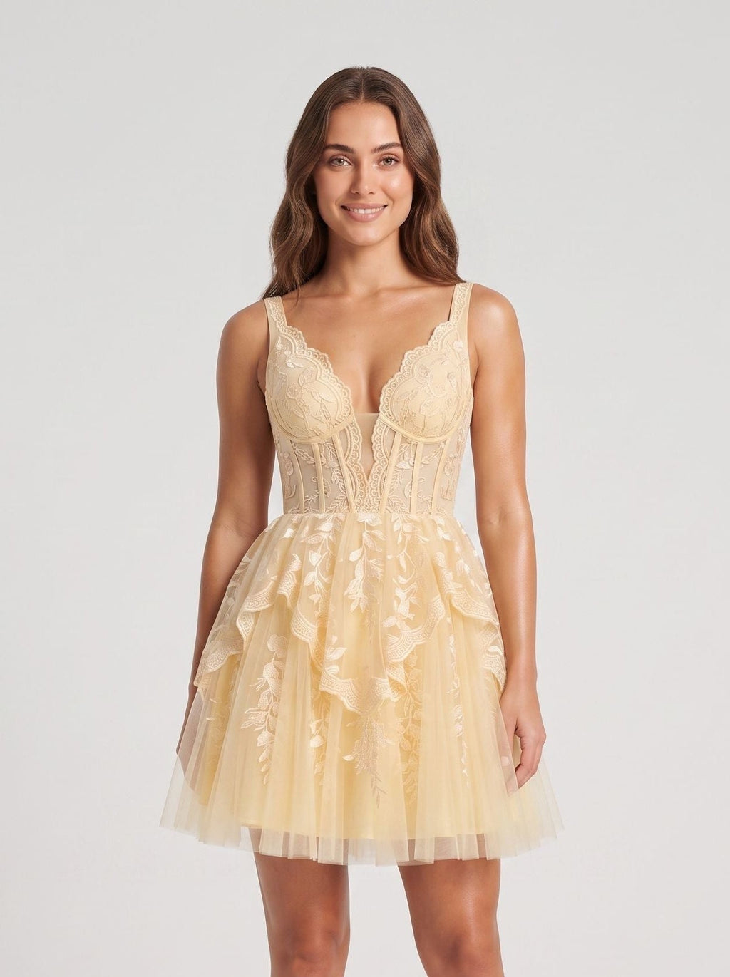 Butter Lace A-Line V-Neck Back Zip Short Dress with Appliques - Curvevia