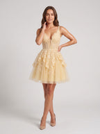 Butter Lace A-Line V-Neck Back Zip Short Dress with Appliques - Curvevia