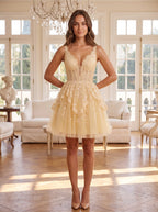 Butter Lace A-Line V-Neck Back Zip Short Dress with Appliques - Curvevia