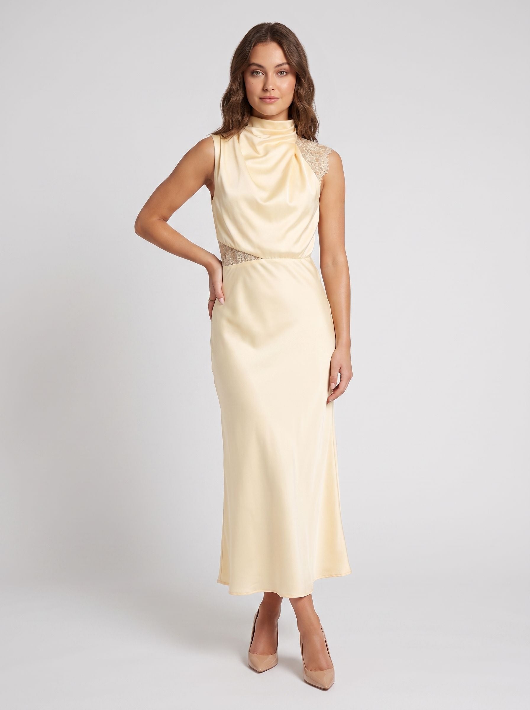 Butter Satin Column Scoop Neckline Keyhole Back Ankle-Length Dress - Curvevia