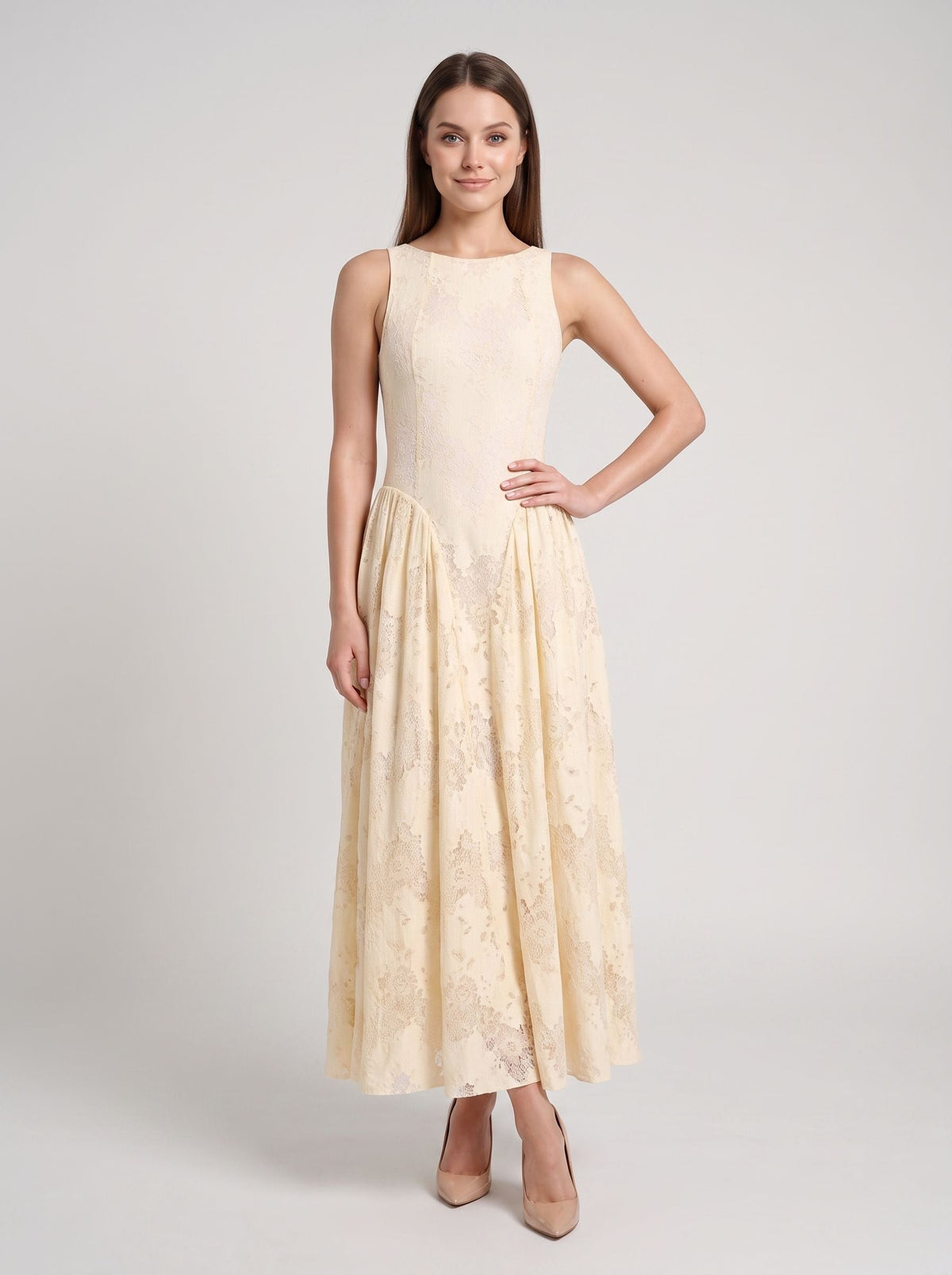 Butter Lace A-Line Scoop Neck Back Zip Ankle-Length Dress with Basque Waist - Curvevia
