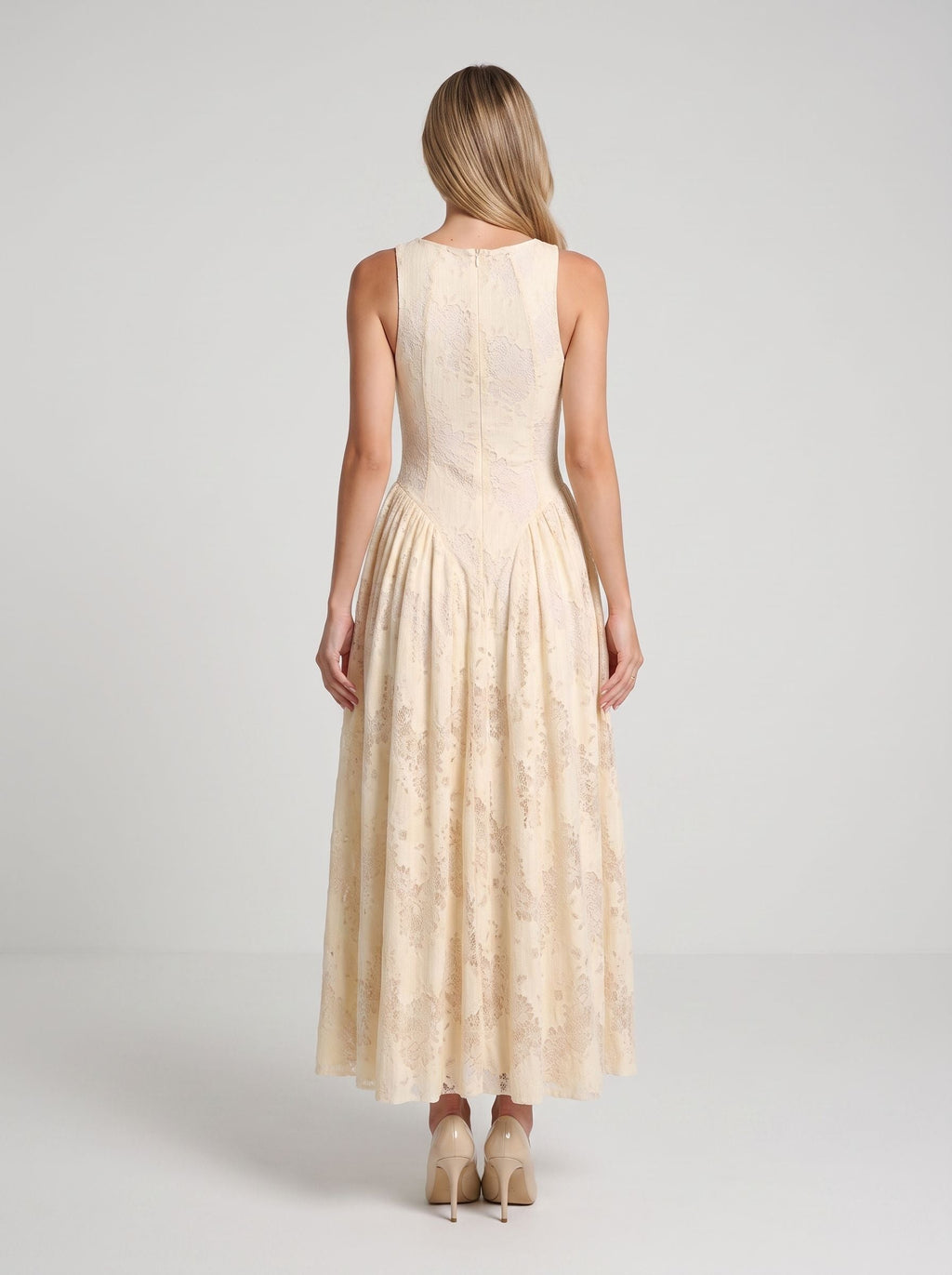 Butter Lace A-Line Scoop Neck Back Zip Ankle-Length Dress with Basque Waist - Curvevia