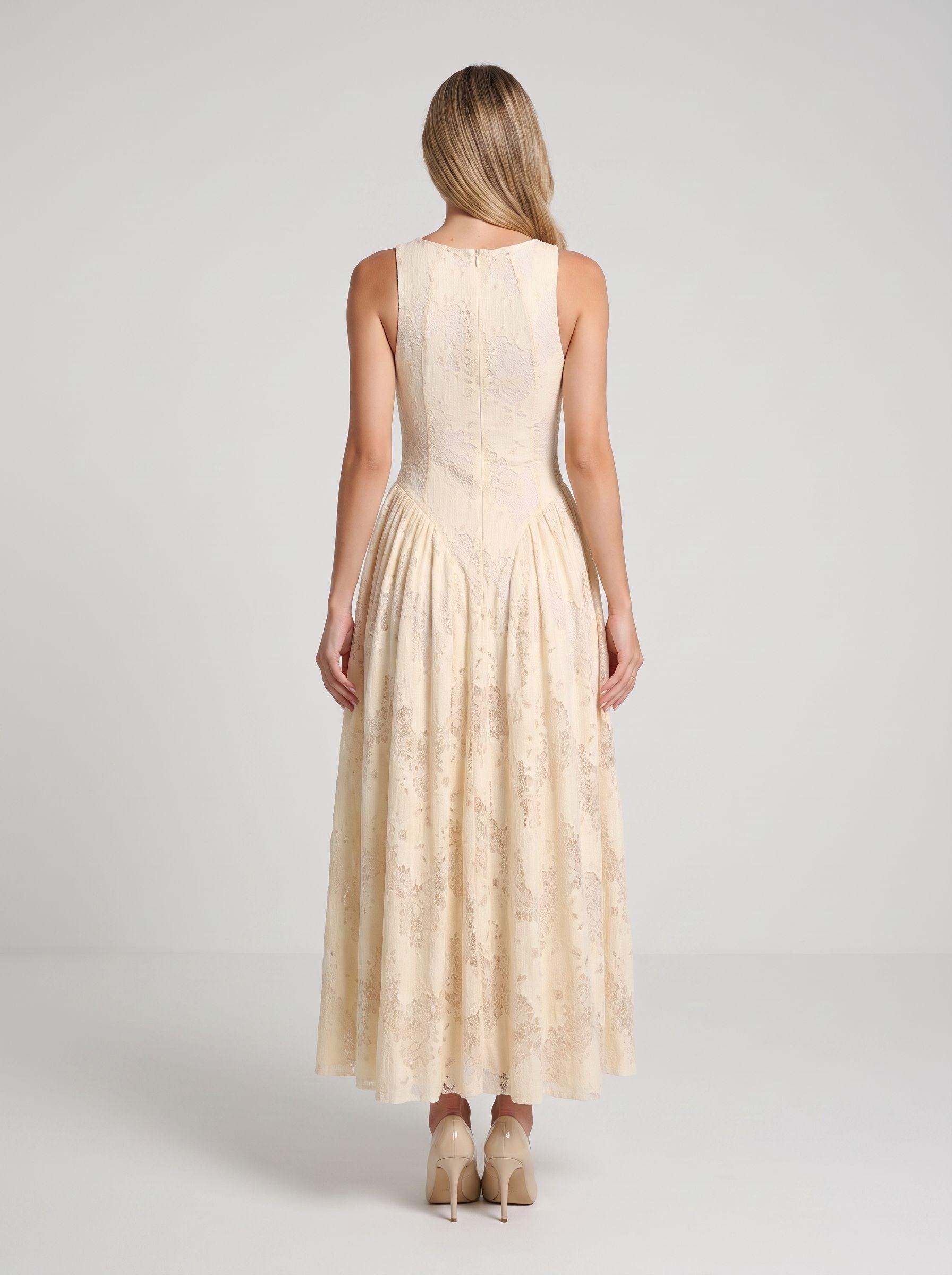Butter Lace A-Line Scoop Neck Back Zip Ankle-Length Dress with Basque Waist - Curvevia