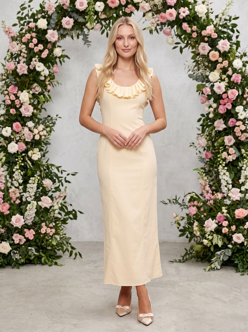 Butter Matte Satin Column Scoop Neck Backless Ankle-Length Dress with Ruffle Frill Accents - Curvevia