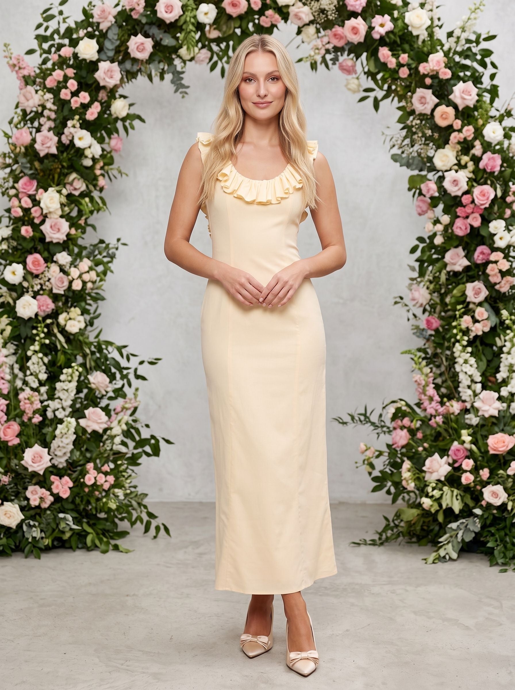 Butter Matte Satin Column Scoop Neck Backless Ankle-Length Dress with Ruffle Frill Accents - Curvevia