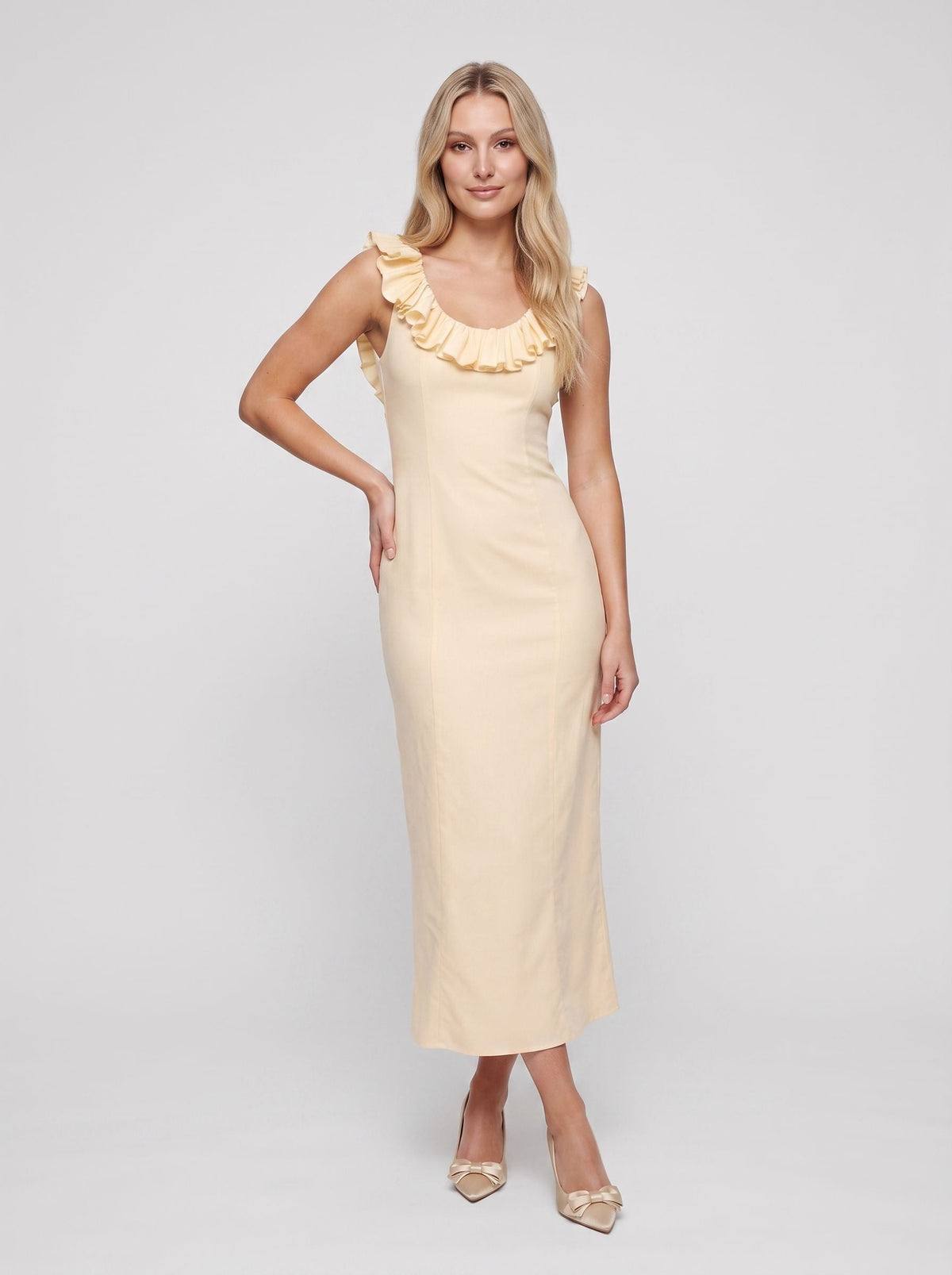 Butter Matte Satin Column Scoop Neck Backless Ankle-Length Dress with Ruffle Frill Accents - Curvevia
