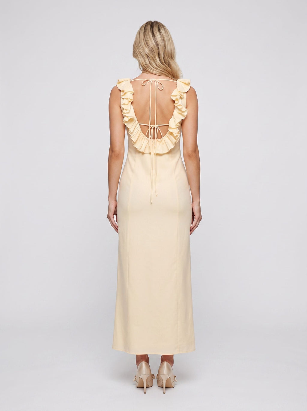 Butter Matte Satin Column Scoop Neck Backless Ankle-Length Dress with Ruffle Frill Accents - Curvevia