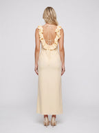 Butter Matte Satin Column Scoop Neck Backless Ankle-Length Dress with Ruffle Frill Accents - Curvevia
