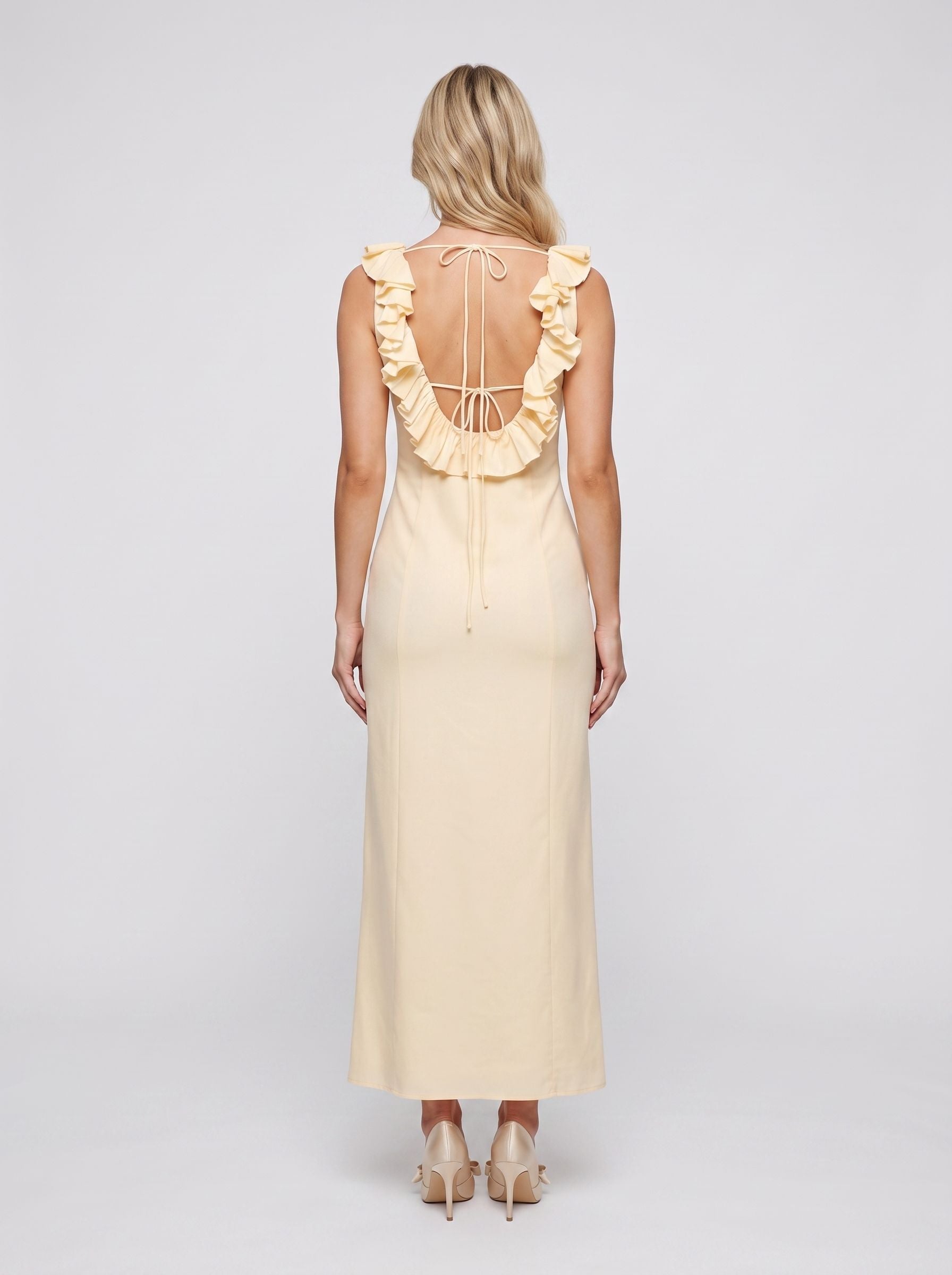 Butter Matte Satin Column Scoop Neck Backless Ankle-Length Dress with Ruffle Frill Accents - Curvevia