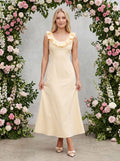 Butter Matte Satin Column Scoop Neck Backless Ankle-Length Dress with Ruffle Frill Accents - Curvevia