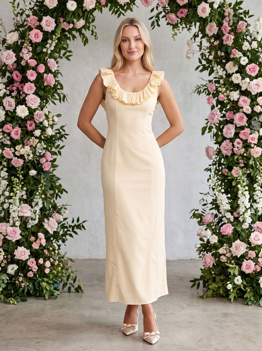 Butter Matte Satin Column Scoop Neck Backless Ankle-Length Dress with Ruffle Frill Accents - Curvevia