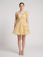 Butter Tulle A-Line One Shoulder Back Zip Short Dress with Ruffled Appliques - Curvevia