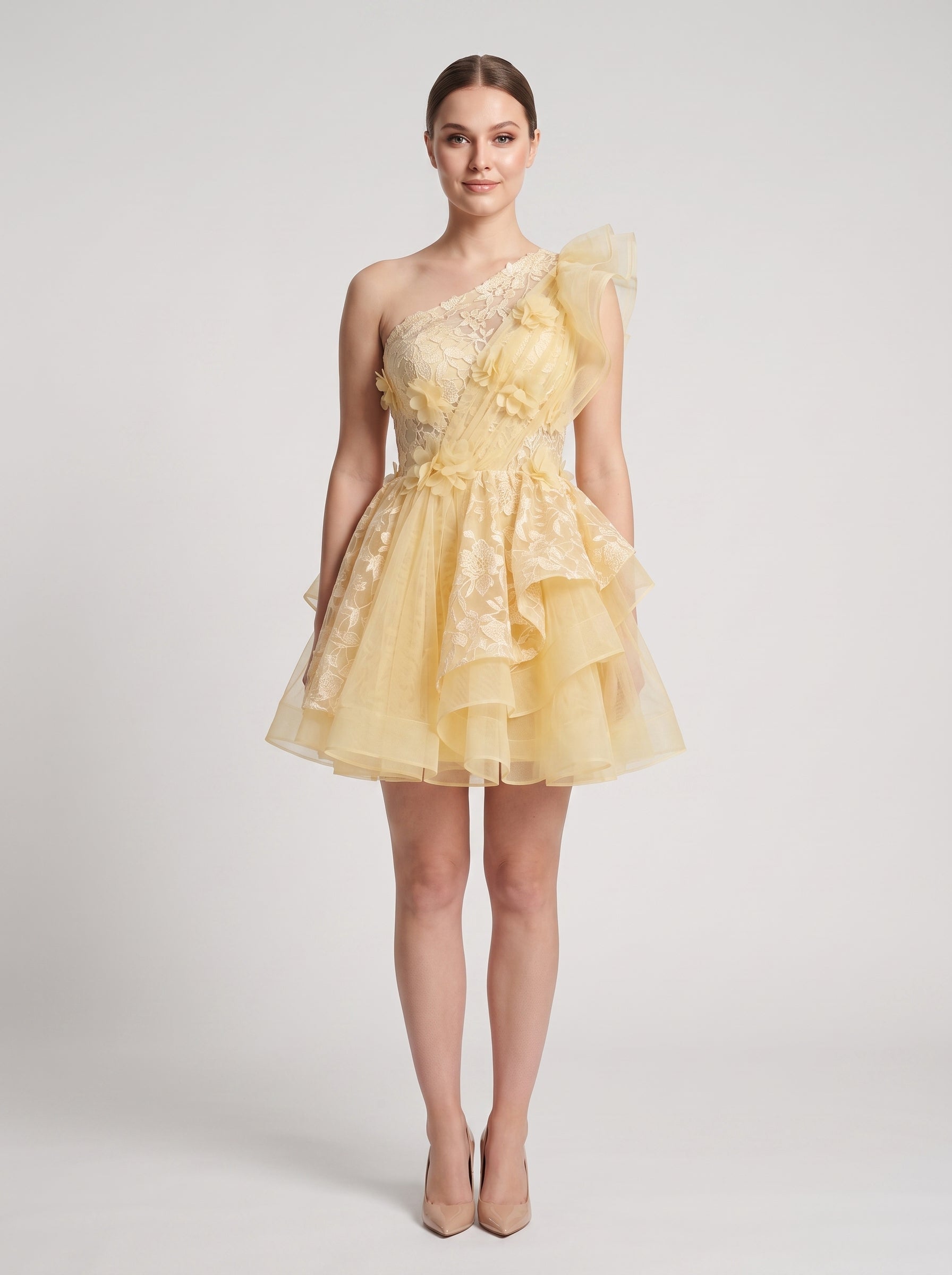Butter Tulle A-Line One Shoulder Back Zip Short Dress with Ruffled Appliques - Curvevia