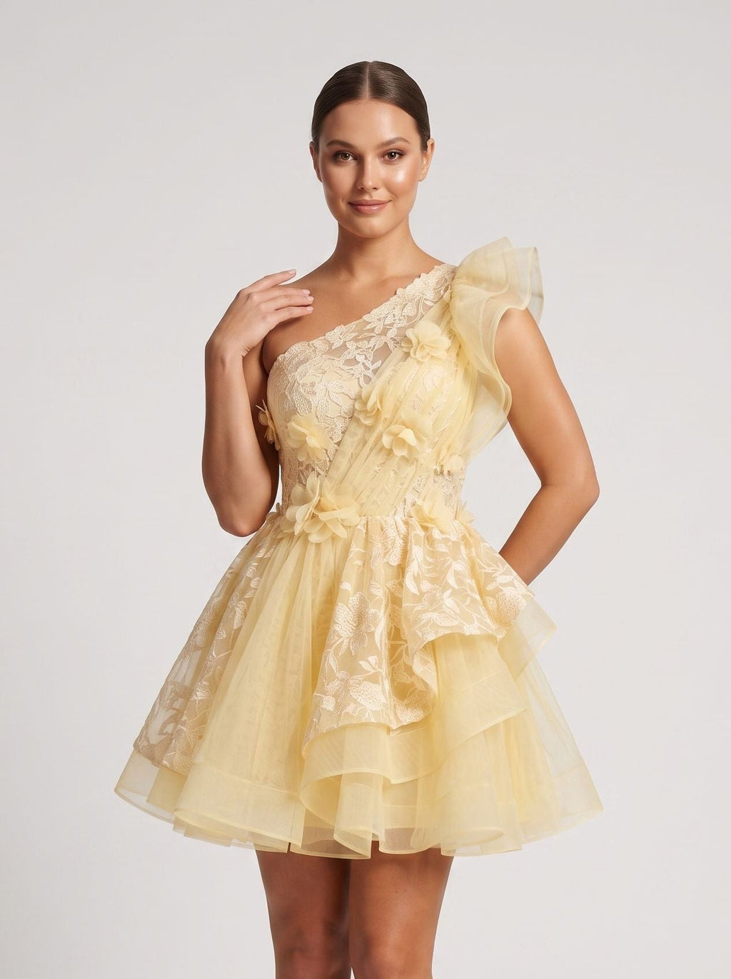 Butter Tulle A-Line One Shoulder Back Zip Short Dress with Ruffled Appliques - Curvevia