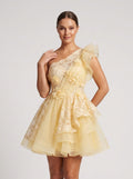 Butter Tulle A-Line One Shoulder Back Zip Short Dress with Ruffled Appliques - Curvevia