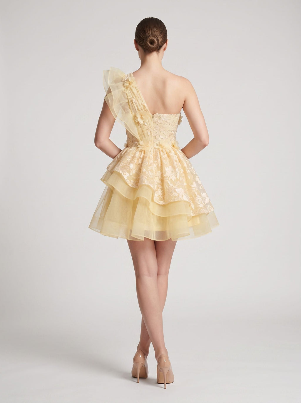 Butter Tulle A-Line One Shoulder Back Zip Short Dress with Ruffled Appliques - Curvevia