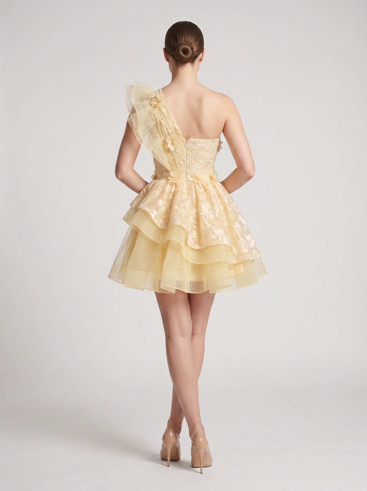 Butter Tulle A-Line One Shoulder Back Zip Short Dress with Ruffled Appliques - Curvevia