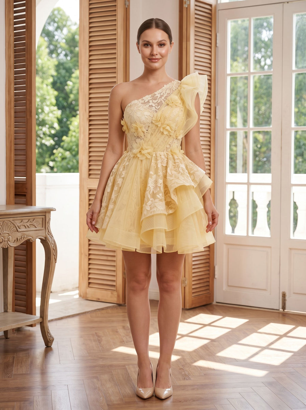 Butter Tulle A-Line One Shoulder Back Zip Short Dress with Ruffled Appliques - Curvevia