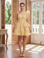 Butter Tulle A-Line One Shoulder Back Zip Short Dress with Ruffled Appliques - Curvevia