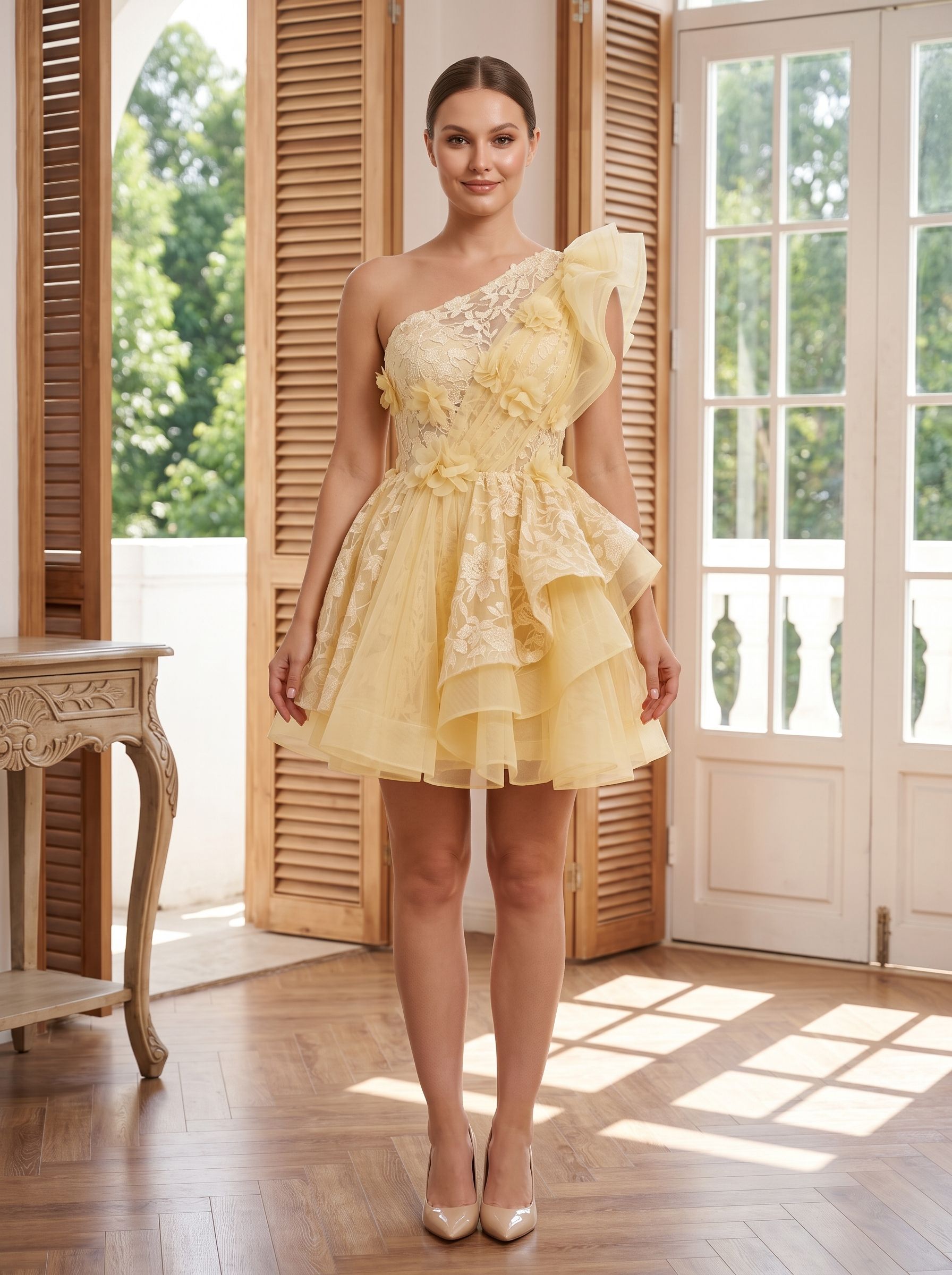 Butter Tulle A-Line One Shoulder Back Zip Short Dress with Ruffled Appliques - Curvevia