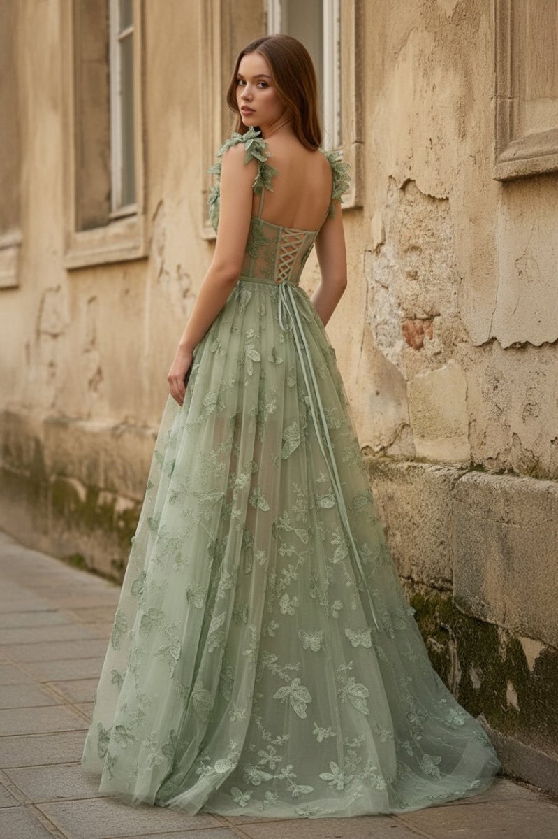 A-line Butterfly Lace Lilac Corset Prom Dress with Slit - Curvevia
