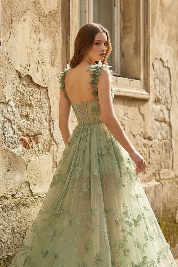 A-line Butterfly Lace Lilac Corset Prom Dress with Slit - Curvevia
