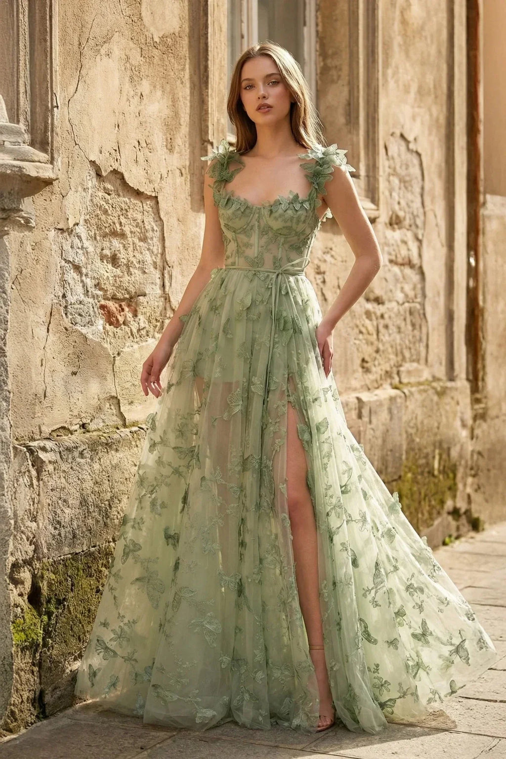 A-line Butterfly Lace Lilac Corset Prom Dress with Slit - Curvevia