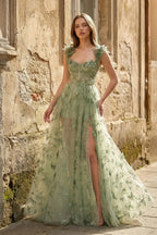 A-line Butterfly Lace Lilac Corset Prom Dress with Slit - Curvevia