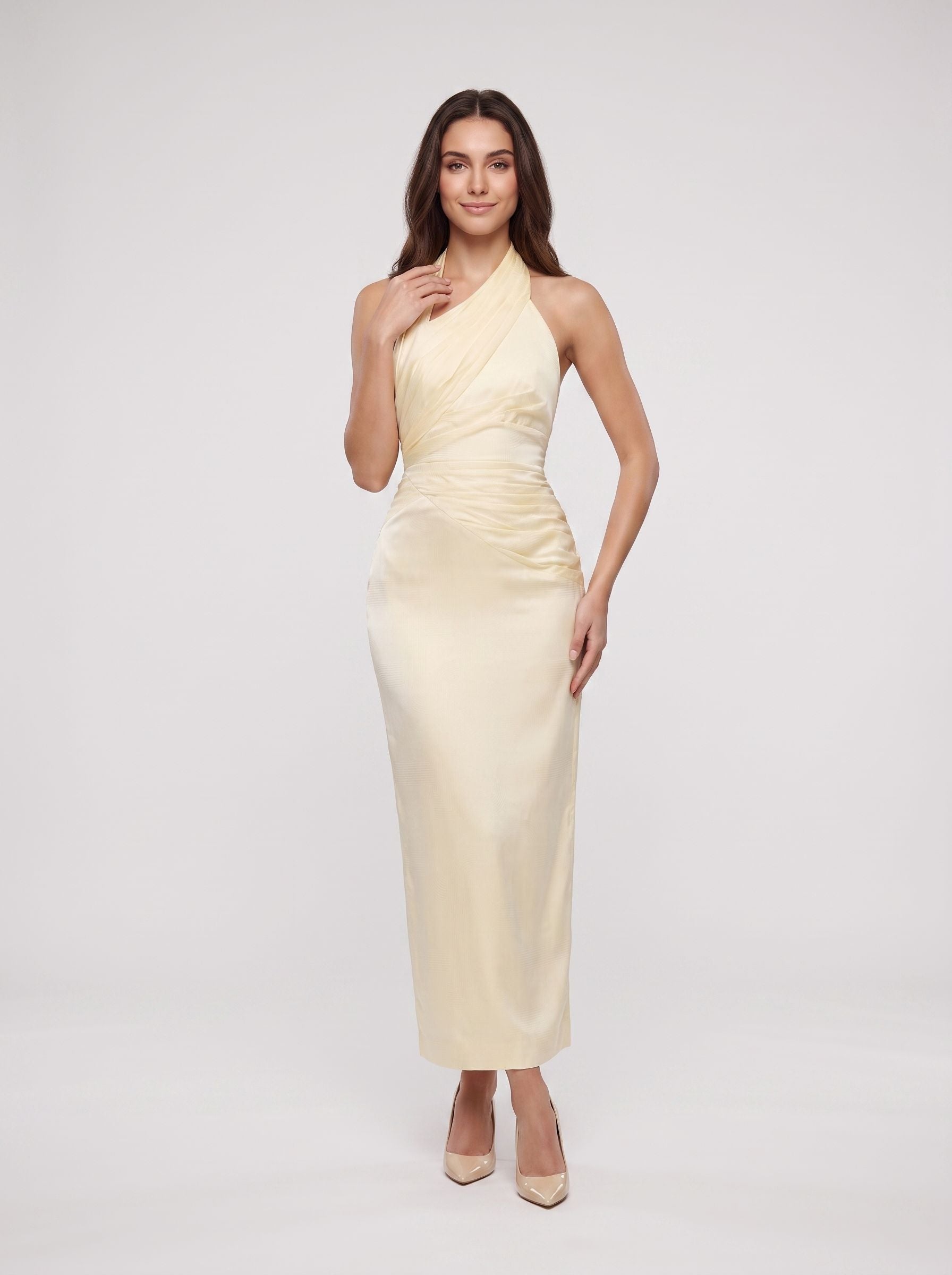 Butter Satin Sheath Halter neckline Back Zip Floor-Length Dress - Curvevia