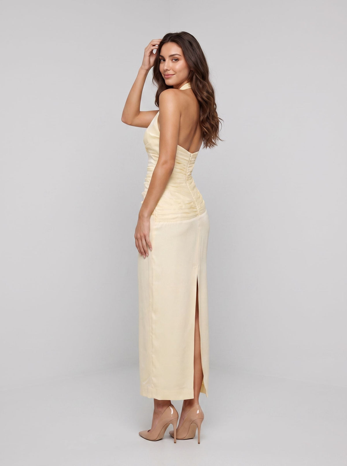 Butter Satin Sheath Halter neckline Back Zip Floor-Length Dress - Curvevia