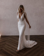 Sparkly Mermaid V Neck Sequins Lace Long Wedding Dresses - Curvevia