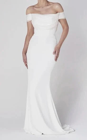 Off-the-shoulder Elegant Mermaid Satin Wedding Dress With Tiers And V-back - Curvevia