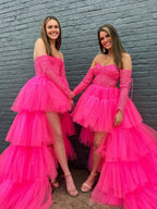 A-Line Asymmetrical Strapless Tiered Tulle Wedding Guest Dress - Curvevia