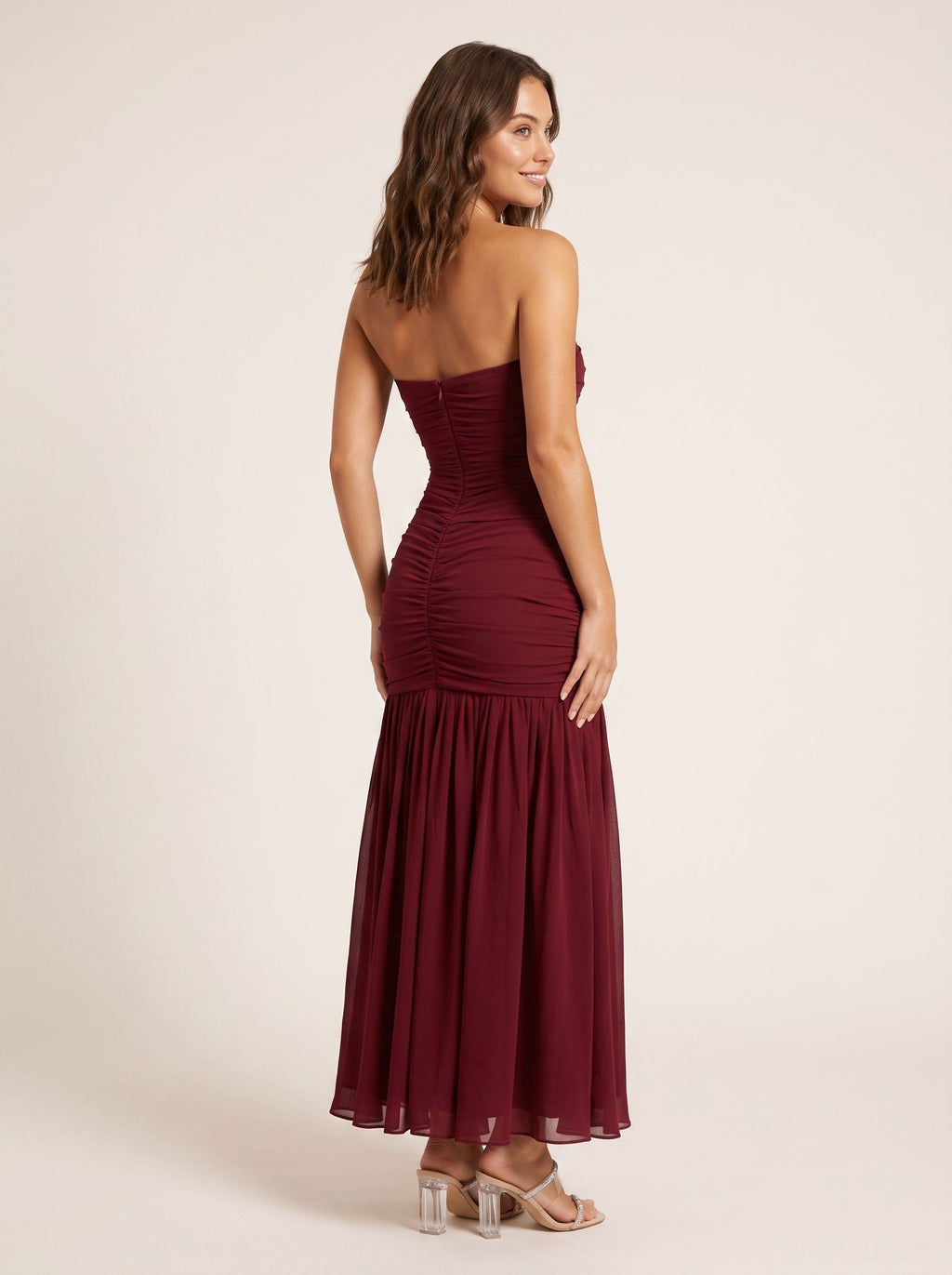 Cabernet Chiffon A-Line Straight Neck Back Zip Floor-Length Dress with Pleating - Curvevia