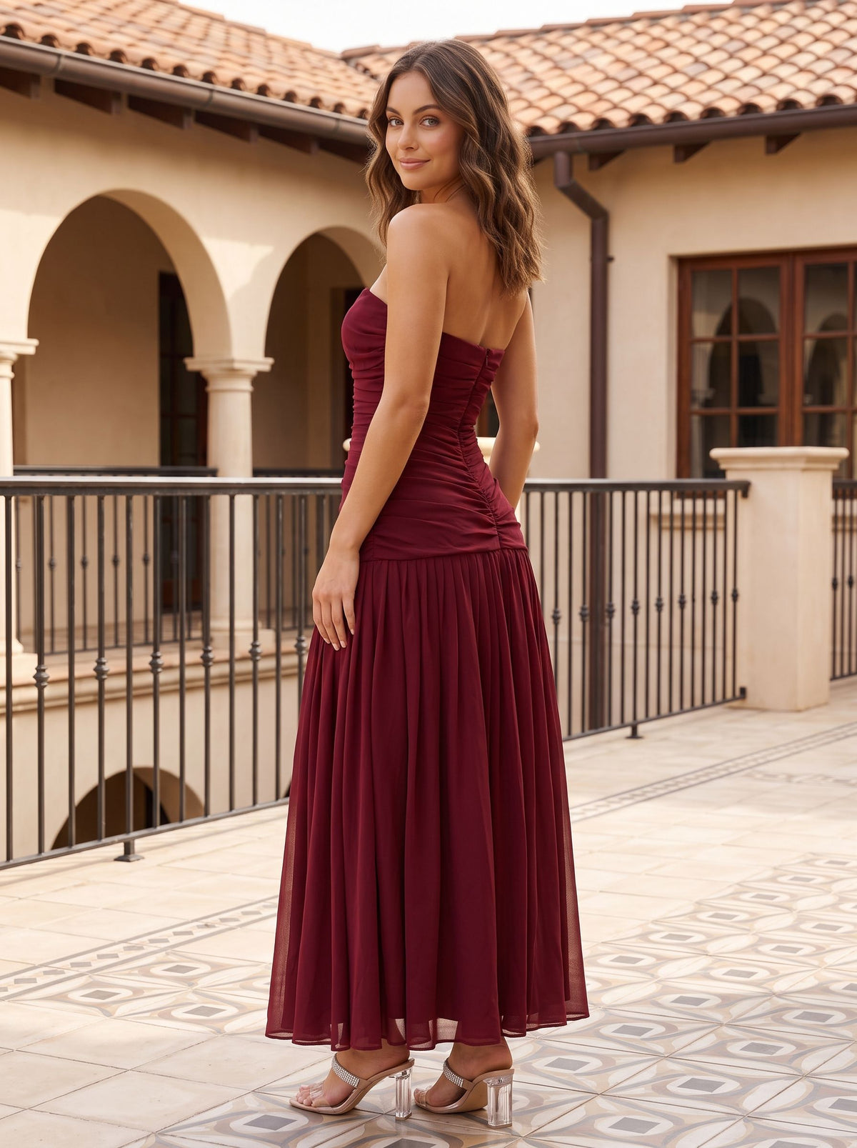 Cabernet Chiffon A-Line Straight Neck Back Zip Floor-Length Dress with Pleating - Curvevia