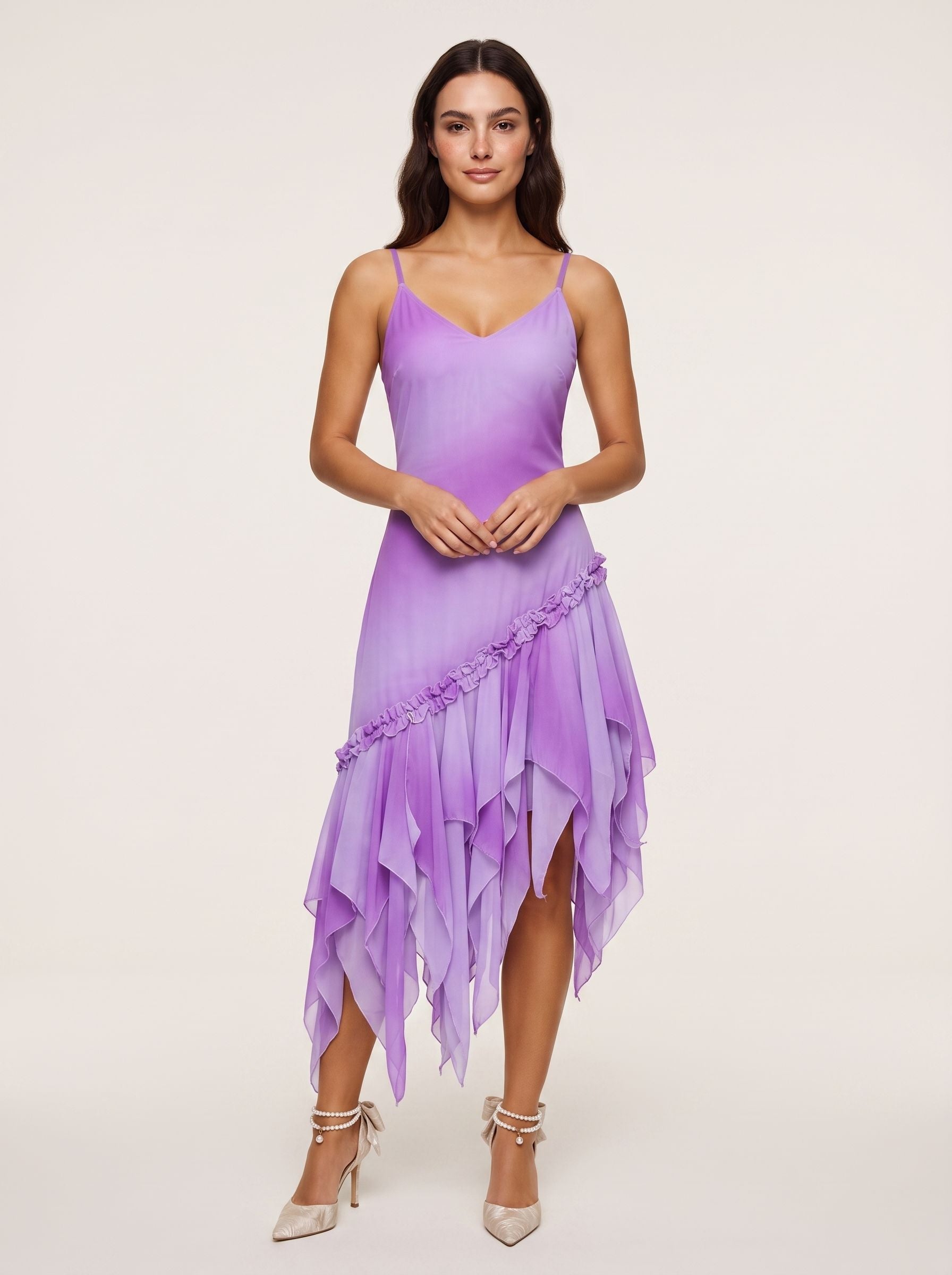 Wisteria Chiffon A-Line Straight Neck Lace-up Floor-Length Dress with Cascading Ruffles - Curvevia