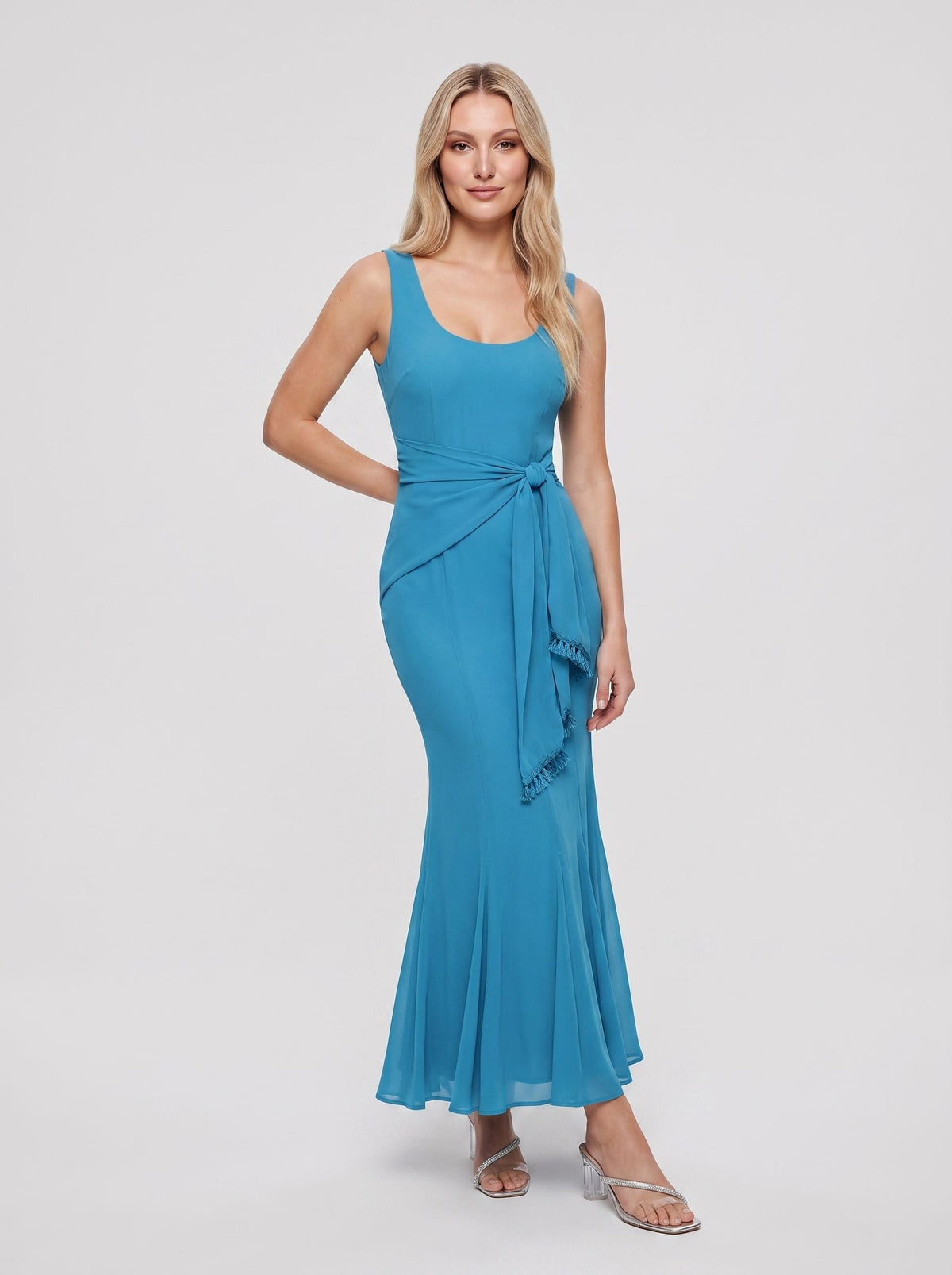 Peacock Blue Chiffon Mermaid Sweetheart Back Zip Floor-Length Dress with Pleating - Curvevia