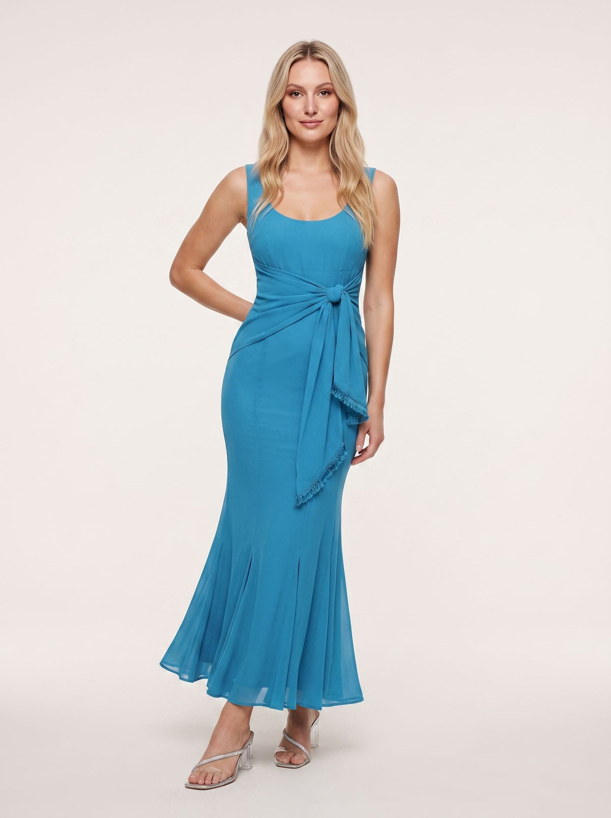 Peacock Blue Chiffon Mermaid Sweetheart Back Zip Floor-Length Dress with Pleating - Curvevia